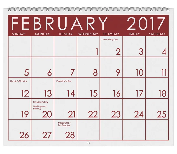 2017: Calendario: Mes de febrero con el Día de San Valentín — Foto de Stock