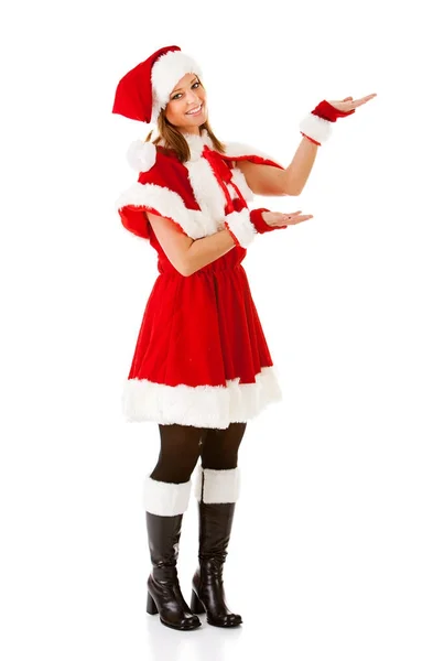 Christmas: Santa Woman Gesturing to Side — Stock Photo, Image