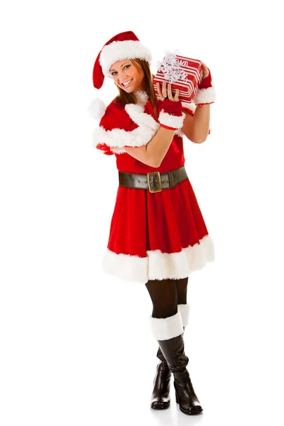 Christmas: Santa Girl Listening to Gift — Stock Photo, Image