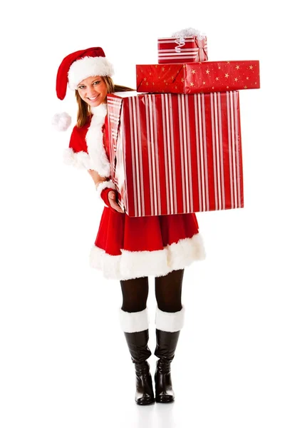 Noël : Santa Girl avec pile de cadeaux — Photo