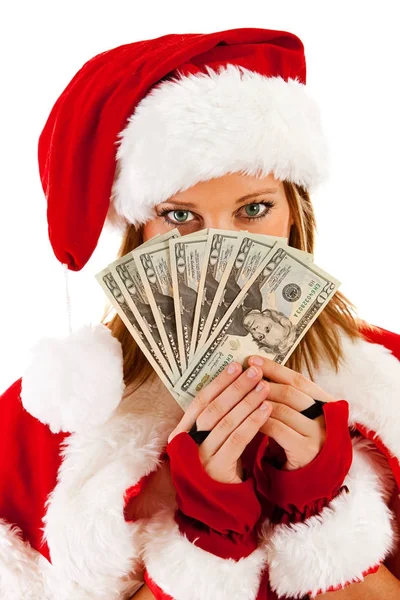 Jul: Santa flicka med pengar fläkt — Stockfoto