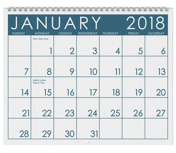 2018 kalender: januari med nyårsdagen månad — Stockfoto
