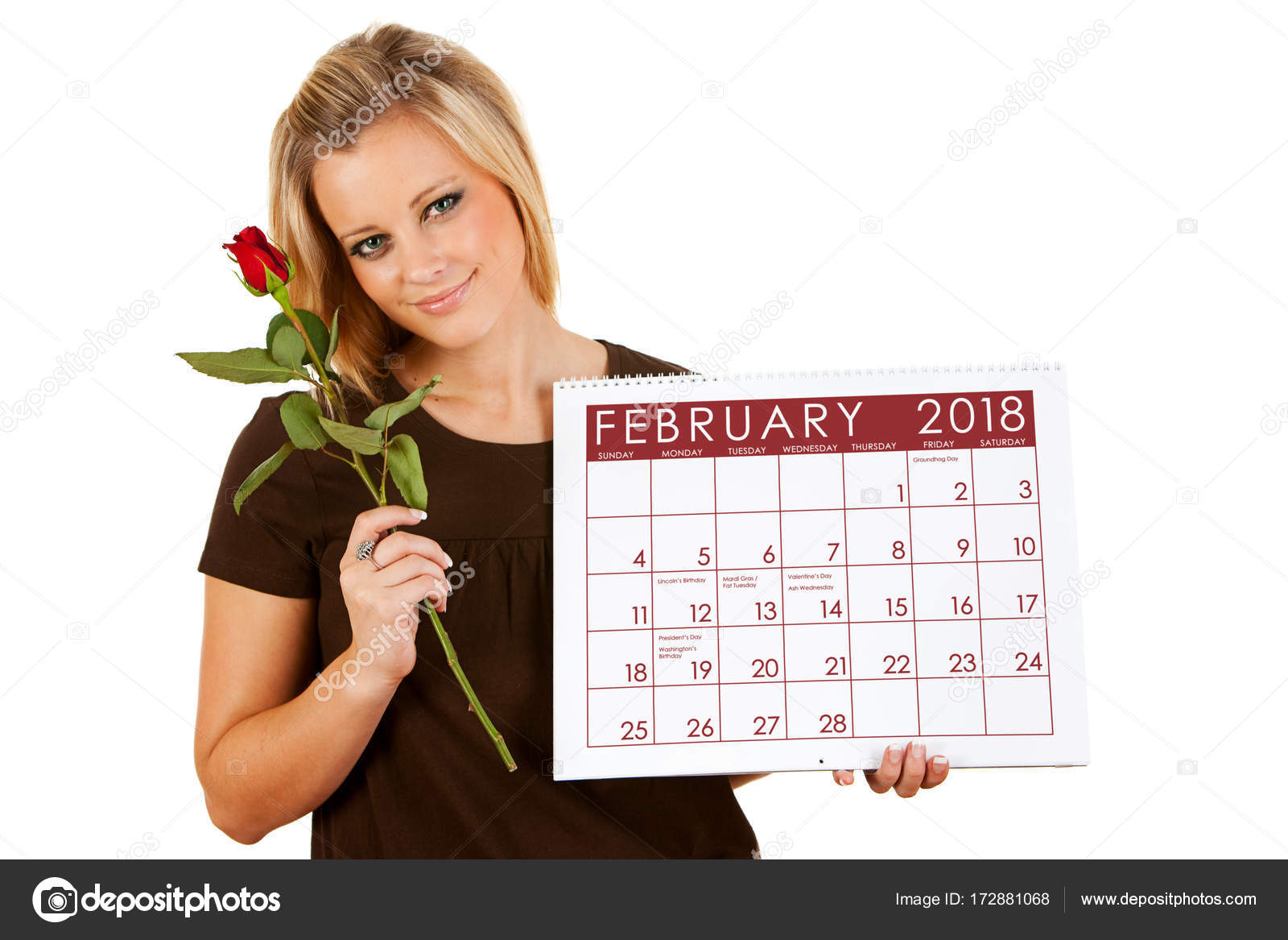 2018 Calendar Holding A February Valentine Rose Stock Photo 