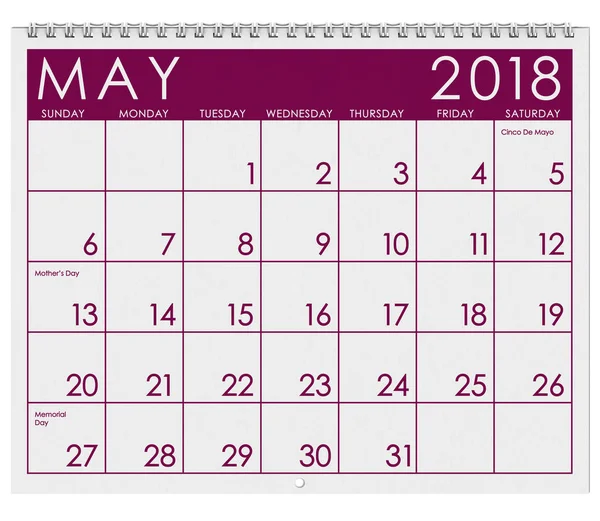 Calendario 2018: Mese di maggio con la festa della mamma — Foto Stock