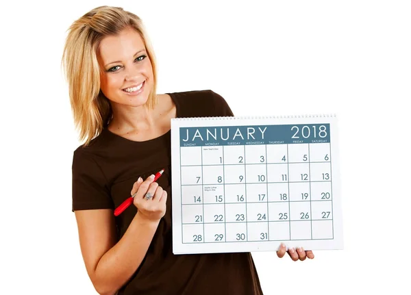 Calendário 2018: Escrevendo em um calendário de janeiro — Fotografia de Stock