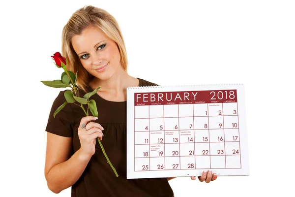 2018 Calendar: Holding a February Valentine Rose — Stock Photo, Image