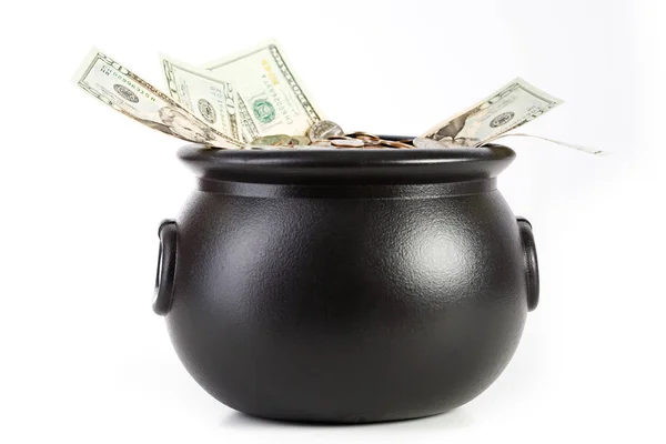 Schat: Pot vol met ons valuta — Stockfoto