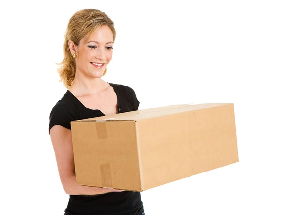 Ładna Kobieta Różnych Pozach Kartonowymi Pudełkami Nadaje Się Pakowania Wysyłki — Zdjęcie stockowe