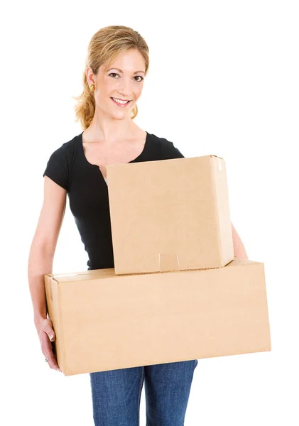 各种姿势的漂亮女人 戴着纸板箱 适于包装 装运等 — 图库照片