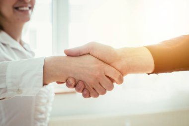 Erkek ve kadın el sıkışıyor, görüntüyü kapatıyor, insan ilişkileri kavramı