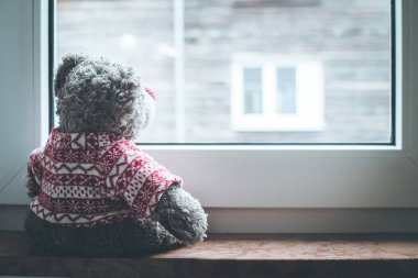Tatlı oyuncak ayı pencere eşiğinde oturuyor, pencereden dışarı bakıyor.