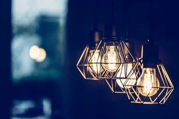 Close Hanging Orange Lightbulbs Home Restaurant Cafe — Stock Photo, Image