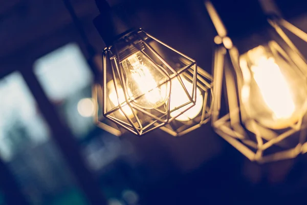 Close Hanging Orange Lightbulbs Home Restaurant Cafe — Stock Photo, Image