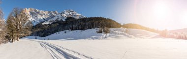 Yaya yolu, çarpıcı dağ sıraları, karlı ağaçlar ve mavi gökyüzü olan güzel, huzurlu kış manzarası. Panorama.