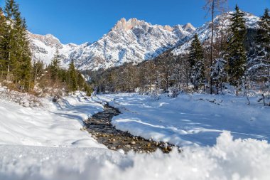 Idyllic kış manzarası: çarpıcı dağ sıraları, güzel nehir, karlı ağaçlar ve mavi gökyüzü