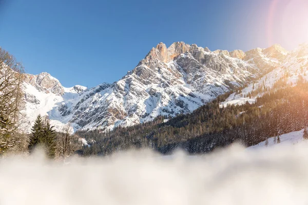 Prachtig Idyllisch Winterlandschap Prachtige Bergketen Besneeuwde Bomen Blauwe Lucht — Stockfoto