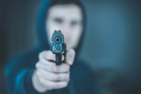 Robber Criminal Aiming Black Gun Blurry Face — ストック写真