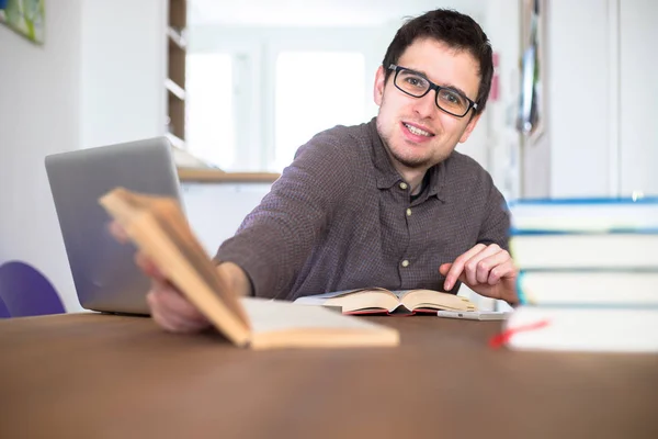 Male Happy Student Researching Learning Home Stack Books Blurry — 스톡 사진
