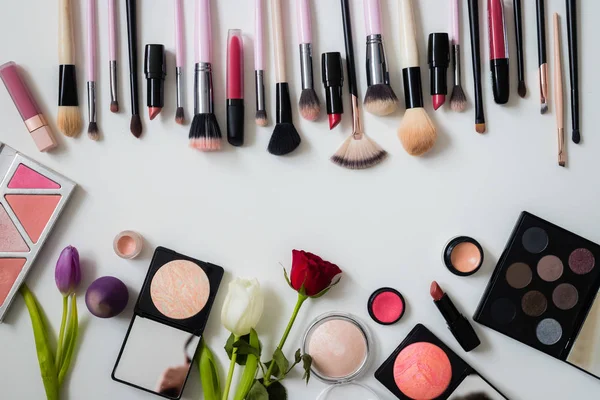Set Makeup Brushes Other Accessories Lipstick Mascara Nail Polish Eyeshadow — Stock Photo, Image