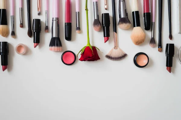 Set Makeup Brushes Other Accessories Lipstick Mascara Nail Polish Eyeshadow — Stock Photo, Image