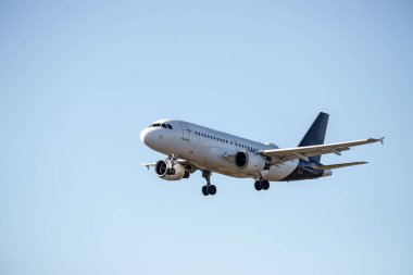 Aircraft is touching down on the airport, close up