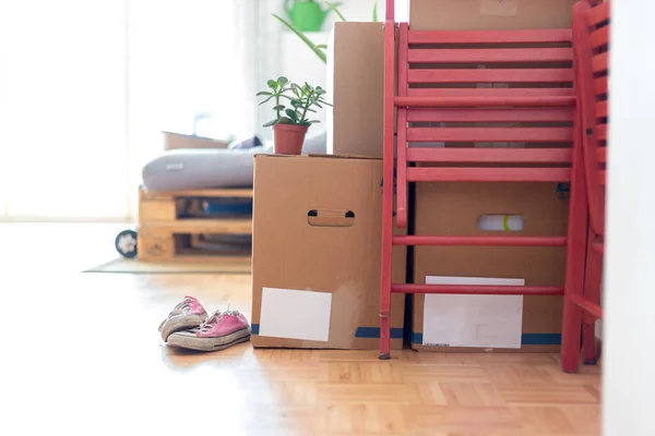 Çekil Şuradan Karton Kutular Temizlik Malzemeleri Yeni Bir Eve Taşınmak — Stok fotoğraf