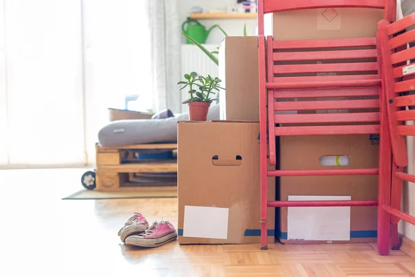 Pohyb Lepenkové Krabice Čistící Prostředky Věci Pro Stěhování Nového Domova — Stock fotografie