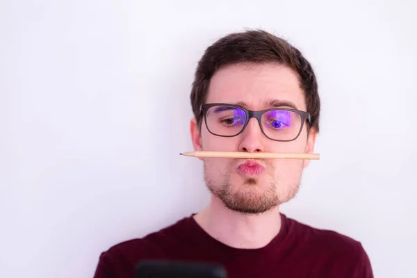 Young Caucasian Man Fooling Home Pencil Trapped Nose Lips — Stock Photo, Image