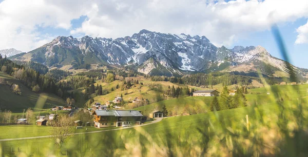 Krajobraz Alpejski Pasmo Górskie Hochknig Zielone Łąki Wiosną — Zdjęcie stockowe