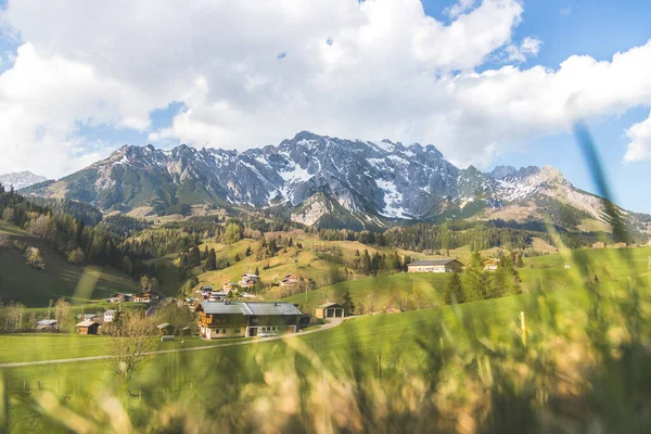 Krajobraz Alpejski Pasmo Górskie Hochknig Zielone Łąki Wiosną — Zdjęcie stockowe