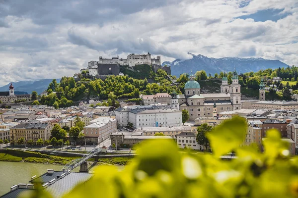 Salzburgo Distrito Histórico Primavera Folhas Verdes Luz Sol Áustria — Fotografia de Stock