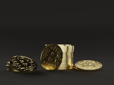 Bitcoin şifreleme para siyah zemin içinde gruplandırılmış - 3d oluşturma