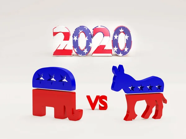 Republican and Democratic Party symbols with 2020 year - 3d rendering
