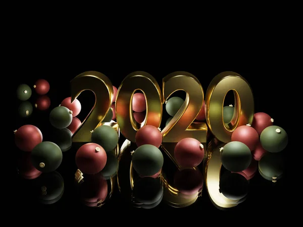 Concepto de Nochevieja 2020 en conjunto de estudio de oro y negro de lujo - 3d renderizado — Foto de Stock