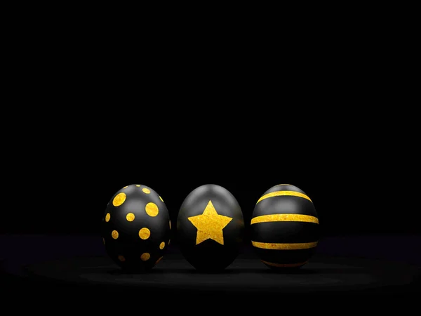 Huevos negros de Pascua con manchas de oro en un minimalismo Fondo negro Fotos De Stock Sin Royalties Gratis