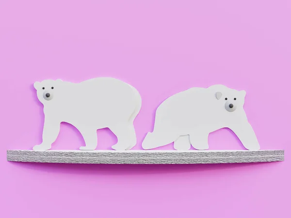 Polar Bears over an melting ice cap cut paper art minimalist concept - 3D Rendering Concept
