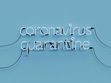 Coronavirus karantina neon grafik işareti mavi arkaplan modu ve beyaz neon rengi - 3d renkte sunum konsepti