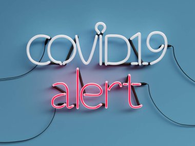 Covid19 Uyarı Neon grafik işareti mavi arkaplan ve kırmızı neon renk ile uyarı kelime modu - 3d renkte