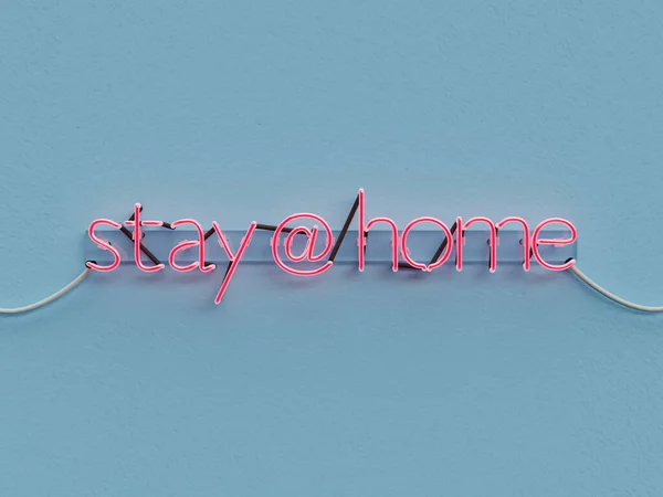 Stay at home neon sign over blue background with all words in red neon gas - 3d rendering concept