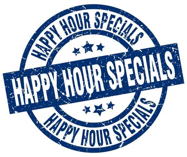 Happy hour specials blauwe ronde stempel van de grunge — Stockvector