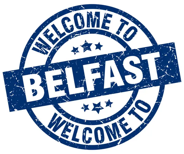 Welkom bij Belfast blauwe stempel — Stockvector