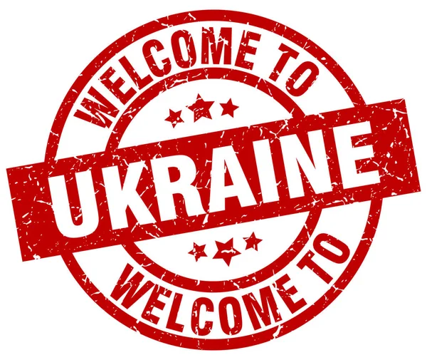 Benvenuto in Ucraina timbro rosso — Vettoriale Stock