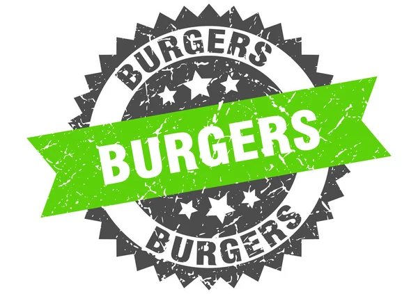 Burger grunge timbro con banda verde. hamburger — Vettoriale Stock