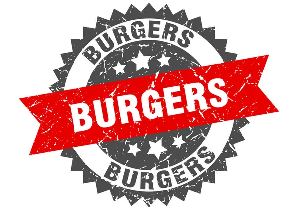 Hamburgery grunge znaczek z czerwonym paskiem. hamburgery — Wektor stockowy