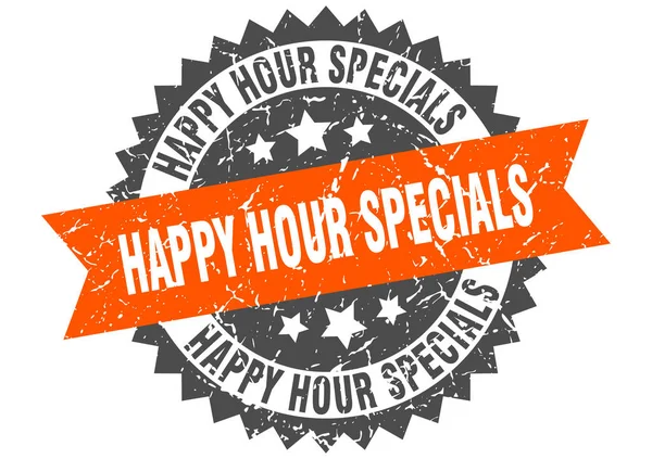 Happy hour speciali grunge timbro con banda arancione. happy hour speciali — Vettoriale Stock