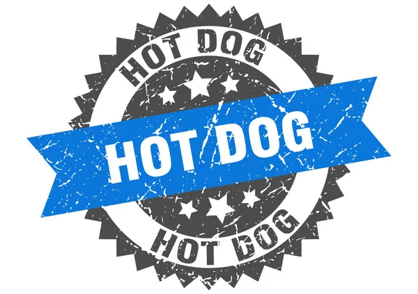 Sello grunge hot dog con banda azul. perrito caliente — Vector de stock