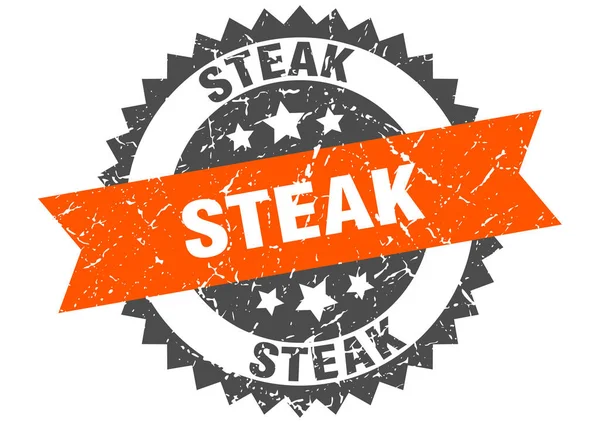 Timbre grunge steak avec bande orange. steak — Image vectorielle