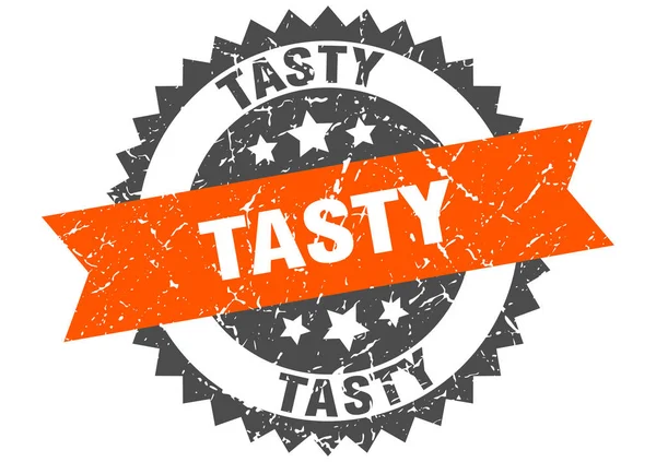 Tasty grunge stamp with orange band. tasty — Stockvector
