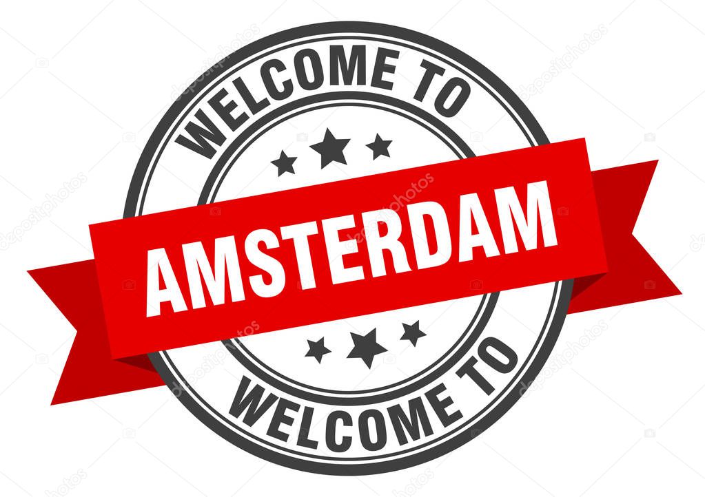 Amsterdam stamp. welcome to Amsterdam red sign