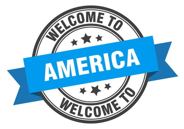 Amerika-Briefmarke. Willkommen in Amerika blaues Schild — Stockvektor